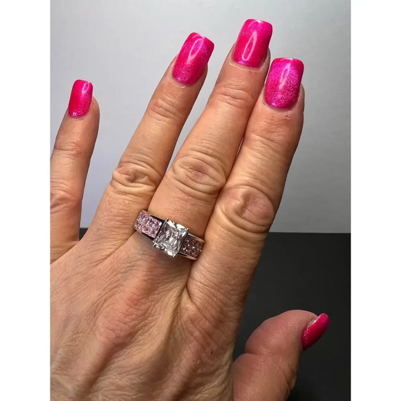 Pink and white CZ rhodium over sterling silver ring size 9 - Picture 2 of 10